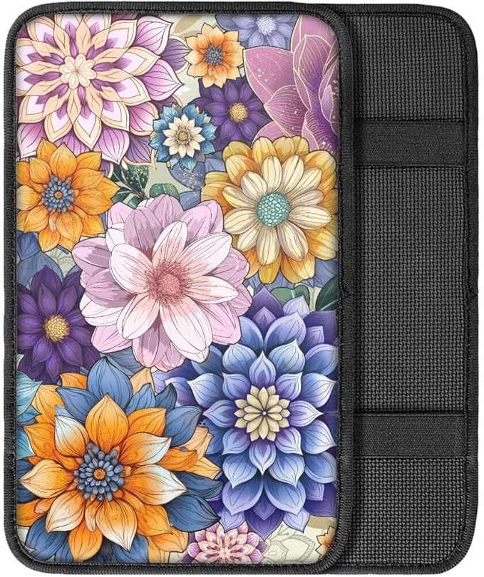 Coldinair Boho Flower Car Center Console Pad,Auto Interior Accessories Decoration,Auto Armrest Cover Protector for Most Vehicle, SUV, Truck, Car