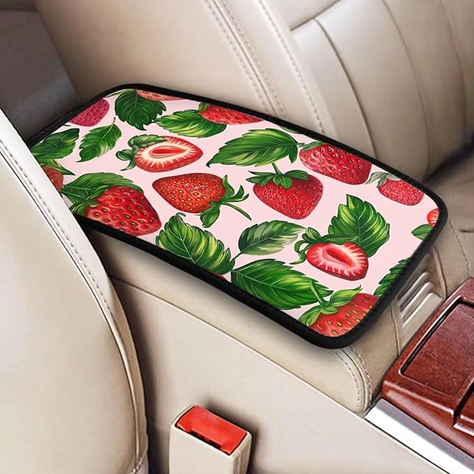 Car Center Console Cover Cute Strawberry Print Armrest Box Lid Protector Cover Pink Arm Rest Cover for SUV Truck Van Sedans Armrest Cushion Pad