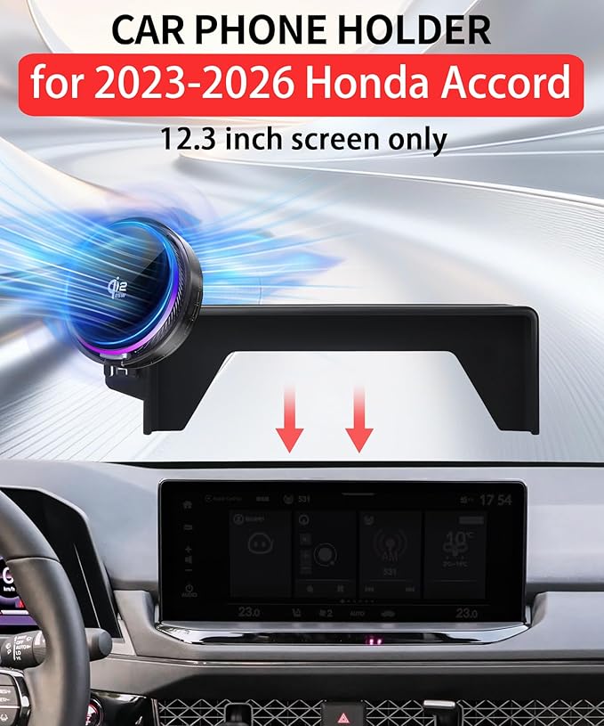 Qi2.2 25W Magnetic Car Mount Charger for 2023 2024 2025 2026 Honda Accord Accessories, for Fast Charging Cell Phone Holder 12.3 Inch Screen Fixed Clip with Cooling Fan＆54W Fast Adapter