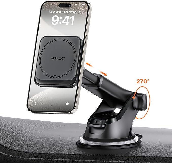 APPS2Car for MagSafe Car Mount, Magnetic Phone Holder for Car with Suction Cup, 17 Strong Magnets & Adjustable Arm, Dashboard & Windshield Phone Mount Compatible with MagSafe Case iPhone 12–17 Series