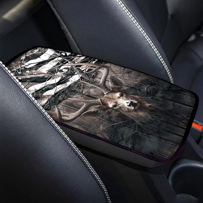 Retro Deer Camo US Flag Print Center Console Armrest Cover for Car,Hunting Deer Auto Interior Accessories for Men