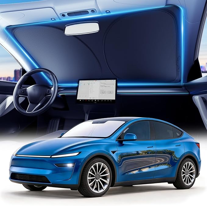DMJN Windshield Sun Shade for Tesla New Model Y, Y & 3 (2017-2026), Car Sunshade for Front Windshield [100% Efficient Block UV & Scorching Sun] UPF50+ Heat Block - Protect Interior & Keep Cooler