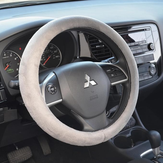 BDK Ergonomic Leather Grip Steering Wheel Cover - Soft Plush Memory Foam Grip for Standard Size Wheels 14.5-15 inch Gray