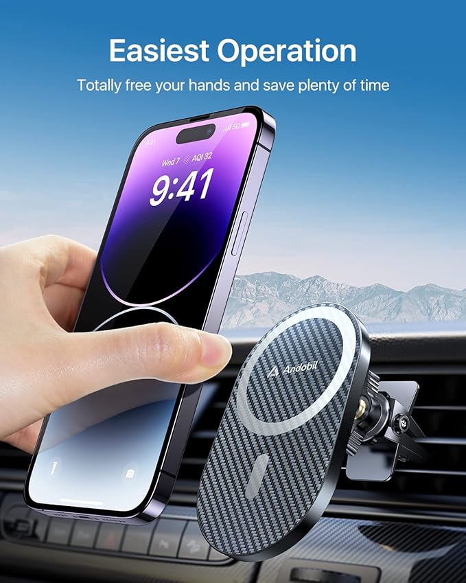 andobil Upgraded for Magsafe Car Mount Pro [Strongest Magnet, Big Phone Friendly] 360° Rotation Magnetic Phone Holder for Car Vent for iPhone 17 Pro Max 16/15/14/13/12 Samsung S26/S25 (Carbon Fiber)