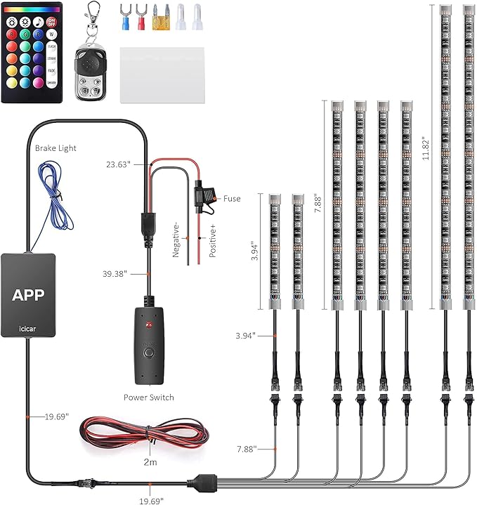 Motorcycle LED Underglow Kit, icicar 8 Pcs APP/RF Control Multicolor Motorcycle LED Light Kit with Brake Turn Signal, IP68 Waterproof & Music Sync Ambient Light for Motorcycles