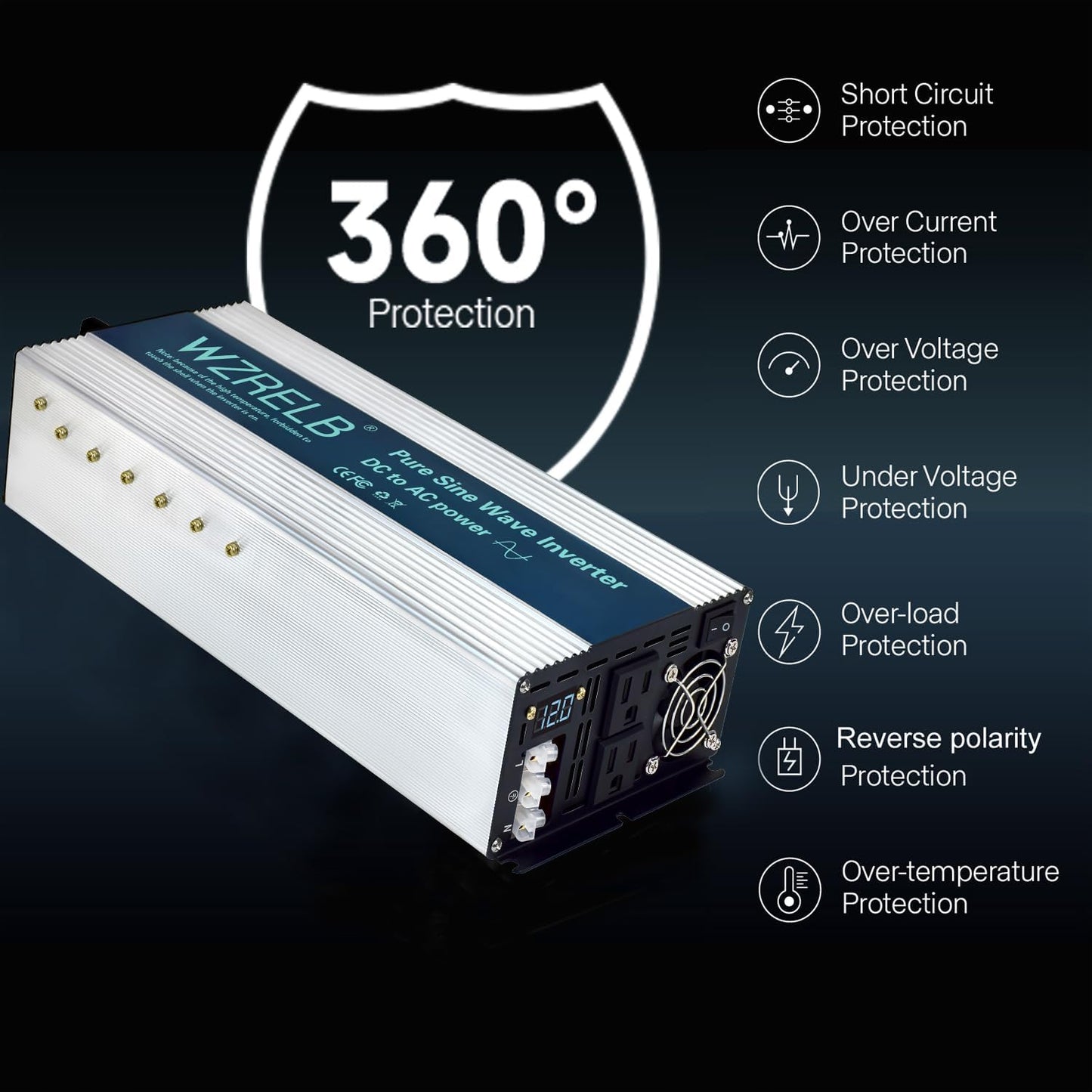 WZRELB 4000W Pure Sine Wave Inverter, Car Power Inverter 36V DC to 110V 120V AC Converter for RV, Truck, Solar, Outdoor with Dual AC Outlets, Hardwire Port, Surge 8000W, LED Display,Off-Grid