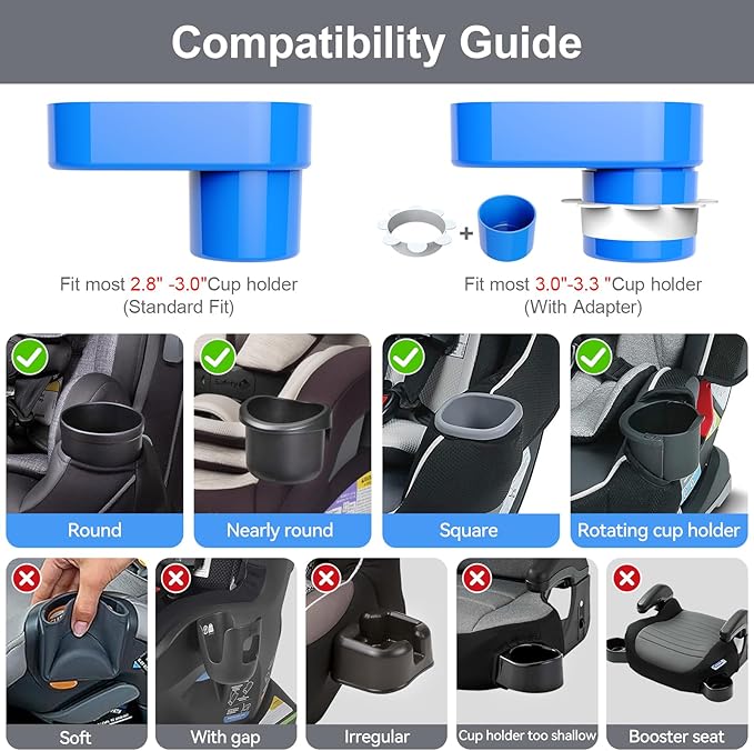 Car Seat Snack Tray for Toddlers - 3 Inch Cup Holder Fits Most Sippy Cups & Straw Bottles with Dip Well, Mess-Free Square Kids Travel Tray Road Trip Essentials, Blue
