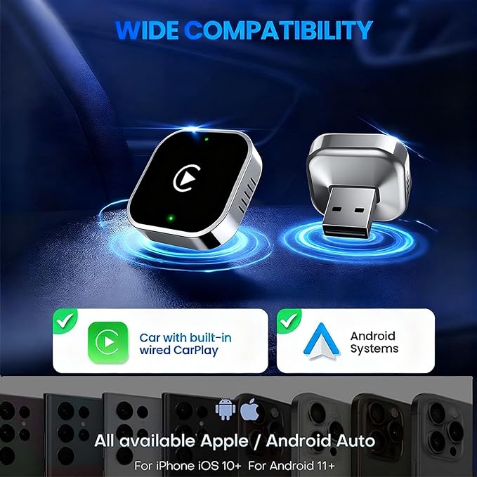 Wireless CarPlay Adapter & Android Auto Dongle, Shiny Silver，Fast Auto-Connect, Compact Plug & Play Wireless CarPlay Converter for iPhone & Android, USB/USB-C, No Delay, Seamless Reconnection