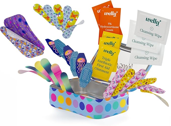 Welly First Aid Kit - Bravery Badges in Flexible Fabric and Waterproof, Singe Use Ointments Triple Antibiotic, Cleansing Wipes and Hydrocortisone - 70 Count