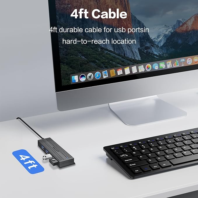 4-Port USB 3.0 Ultra-Thin Data Hub, High-Speed USB Port Expander for Laptop, MacBook, iMac, Surface Pro, XPS, Flash Drives, Mobile HDD, Printers, and More (Slim USB Hub - 4 ft)