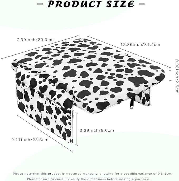 Tupalatus Black Cow Print Center Console Cover with Storage Pockets Car Center Console Replacement Easy Installation Armrest Pad for Cars Water-Resistant Fit for Most Cars, SUVs