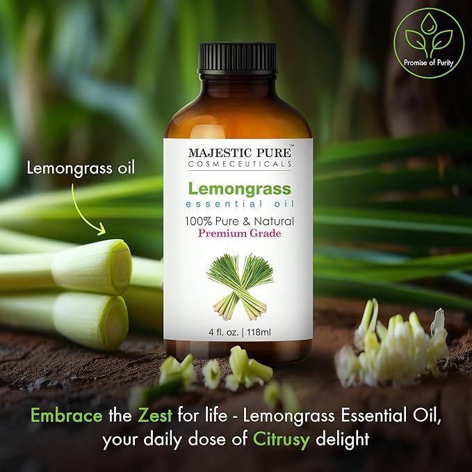 Majestic Pure Essential Oil with Glass Dropper - 100% Pure and Natural - Essential Oils for Diffuser, Aromatherapy, Soap and Candle Making, Lemongrass Essential Oil, Lemongrass Oil, 4 Fl Oz