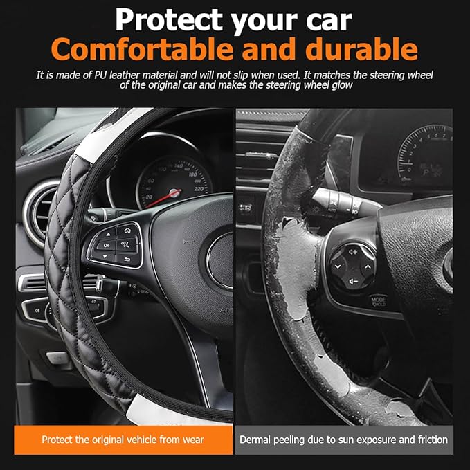 Carbon Fiber Car Steering Wheel Cover, Leather Breathable Non-Slip 14.5-15 Inch Vehicle Steering Wheel Protector, Auto Interior Protection Accessories, Universal for SUV Sedan Truck(White)