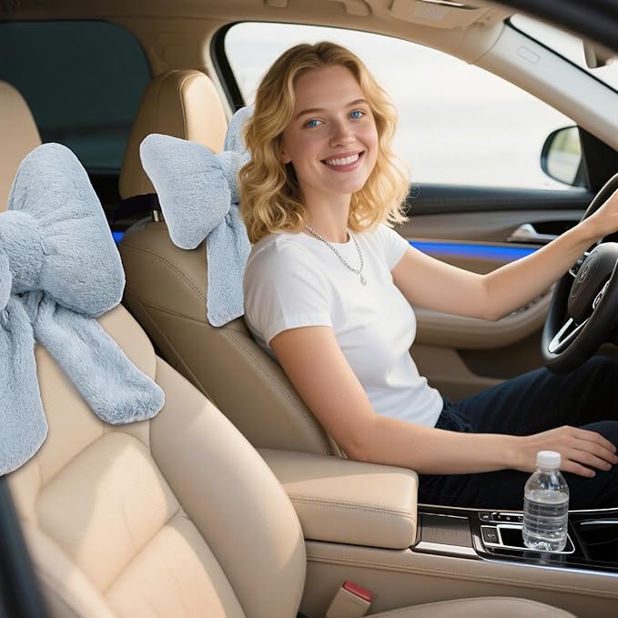 Bow Car Headrest Pillows Plush Car Neck Pillows for Travel Driving Office Chair Head Support Cushions, Also Cute Car Decor Accessories (2PCS Blue)
