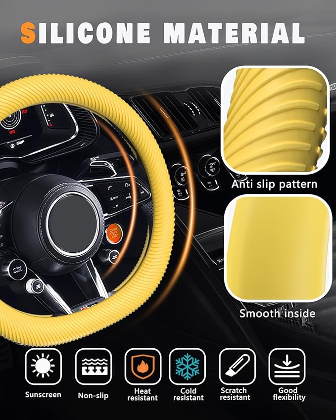 WOCOCN Car Steering Wheel Cover, Thin Anti-Skid Silicone Steering Wheel Cover for Men & Women, Universal Automotive Interior Accessories for Most Cars (Bright Yellow)