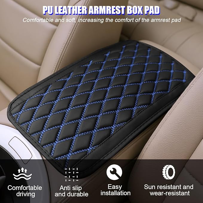 Car Center Console Cover, Scratch-Resistant Leather Vehicle Armrest Seat Storage Box Protector Cushion, Comfortable Automotive Interior Armrest Pad Mat, Universal Fit (Black/Blue)