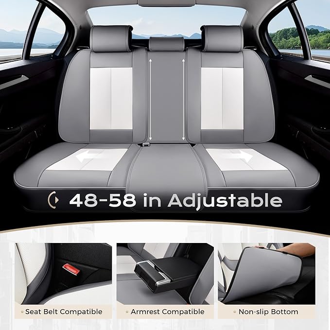 Coverado Seat Covers Full Set, 5 Seats Seat Covers for Cars, Waterproof Nappa Leather Car Seat Covers with Head Pillow, Seat Protectors Car Seat Cushion Universal Fit for Most Cars (Gray&White)
