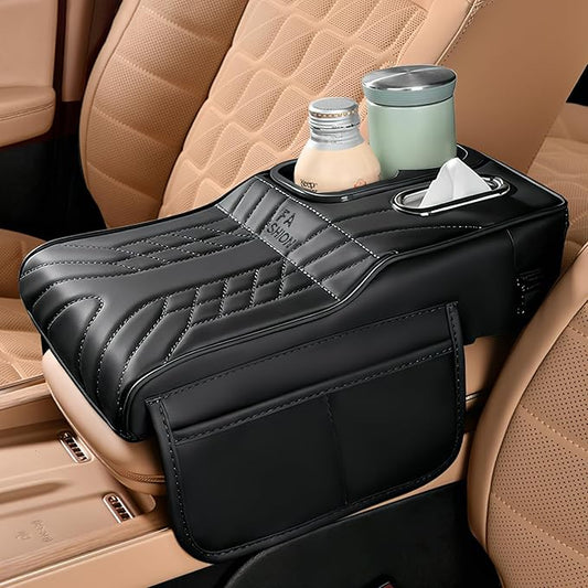 Car Center Console Armrest Pillow, 13.4"×7.5"×2" Leather Auto Arm Rest Cover with Pocket & Tissue Box & Cup Holder, Multifunctional Vehicle Armrest Cushion Pad, Car Accessories (Black)