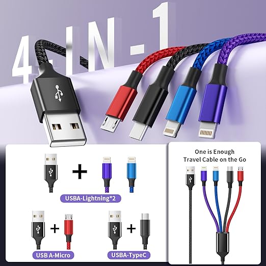 Dual IP 4 in 1 Multi Charging Cable [1Pack 5FT], Nylon Phone Charger USB Cable, Travel Charging Cords with IP/IP/Type C/Micro Port, Compatible with Most Cell Phones/Tablets and More