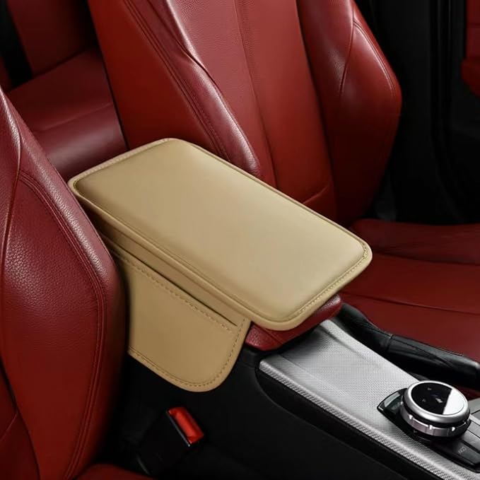 Thin Car Center Console Cover, PU Leather Armrest Cushion with 2 Side Storage Pockets, Universal Car Interior Accessories for Most Vehicles/SUV/Sedan (Thin-Pure Color, Beige)