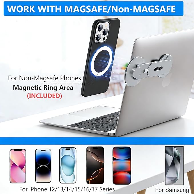 Magnetic Phone Holder for Laptop, MagSafe Laptop Phone Mount for iPhone 17/16/15/14/13/12 & All Phones, 180°Adjustable, Magnetic Phone Holder for Tesla Monitor (Silver)