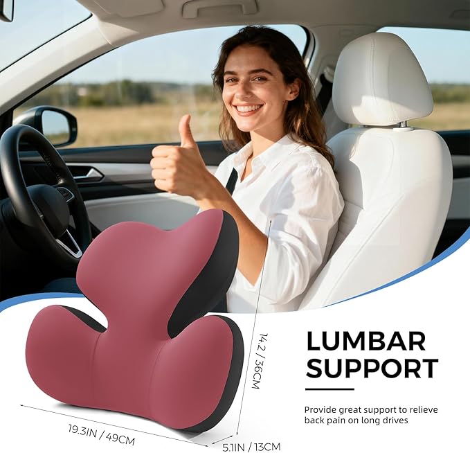 BEBAS Lumbar Support Pillow for Car, Ergonomic Memory Foam Back Cushion for Driving, Lower Back Support for Pain Relief, Lumbar Cushion for Car Seats, Office Chairs, Wheelchairs - Red
