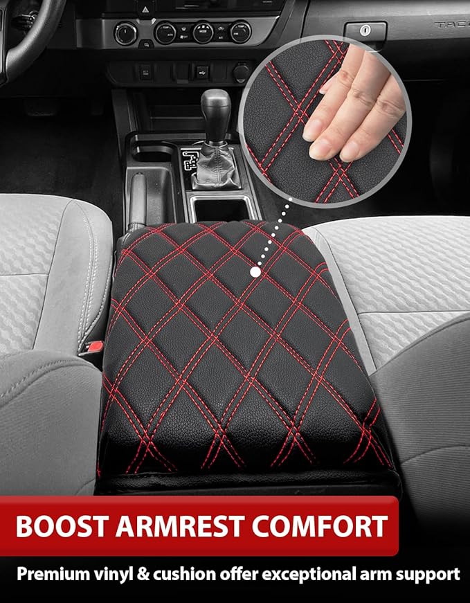 KBH Center Console Armrest Cover for Toyota Tacoma 2016-2023, Interior Accessories, Middle Console Lid Cushion, Arm Rest Cover Protector, Vinyl Leather, Black-Red Stitches