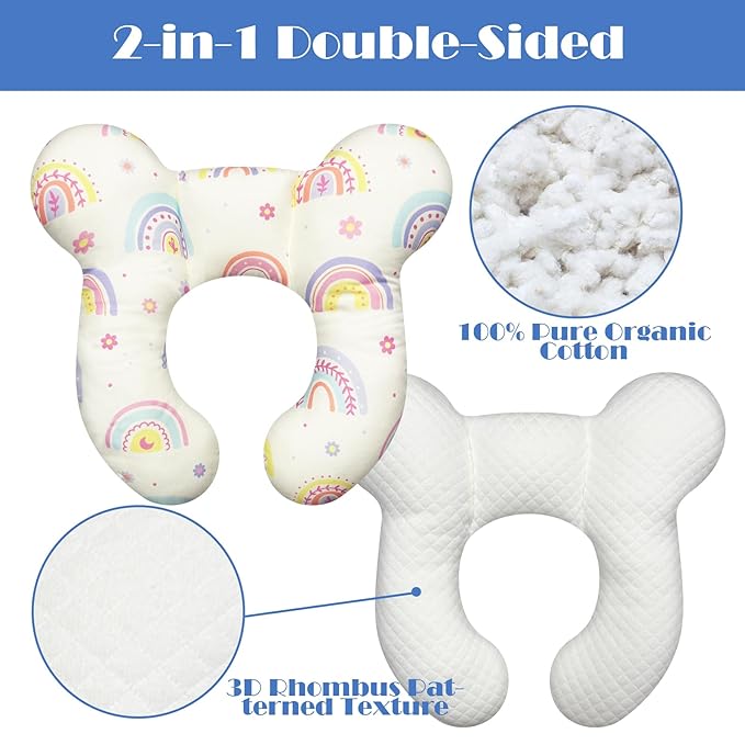 Baby Head Support Pillow for Newborn Toddler, Baby Neck Pillow Upgraded Comfortable Sleep Cushion for Car Plane Stroller Pushchair - Rainbow B