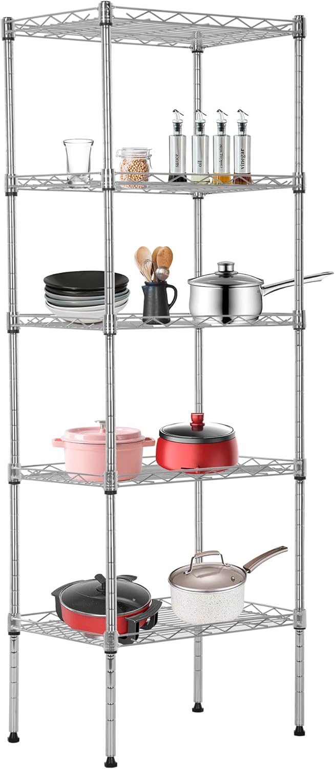 BestOffice 5 Tier Garage Shelving Heavy Duty Metal Shelves 17”D x 12”W x 48”H Easy Assemble Storage Shelves NSF Certified Wire Shelving with Leveling Feet for Garage Home Office, Chrome