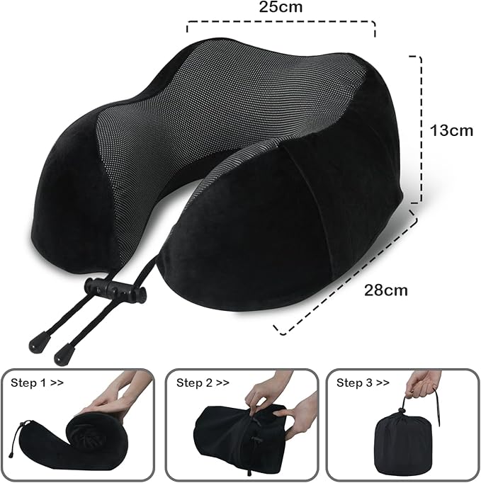 Travel Pillow, Memory Foam Neck Pillow for Traveling, U Shape Neck Pillow Airplane Portable Flight Pillow Travel Kit with 3D Contoured Eye Masks and Earplug for Plane Train Car Home Office - Black