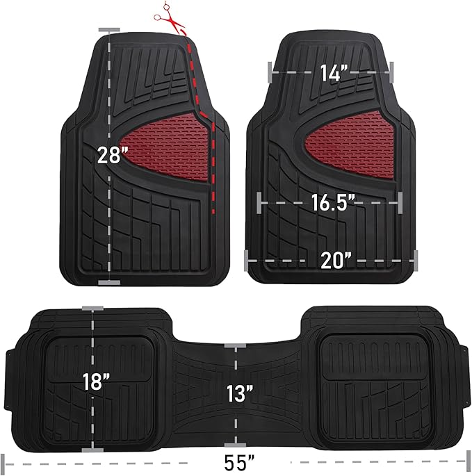 FH Group Automotive Floor Mats Tall Channel Burgundy Universal Fit Full Set Climaproof™ for Most Sedan, SUV and Trucks, Trimmable Rubber Combo Small Car Seat Cover Design Heavy-Duty Floor Mats