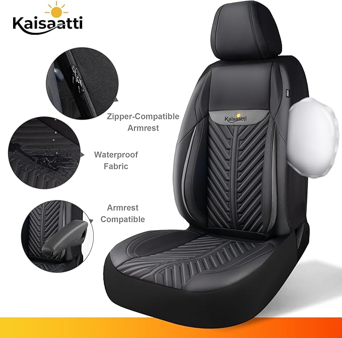 PU Leather Car Seat Covers Front Set – Waterproof seat Cover for Cars，3D Foam Support Automotive seat Covers ，Airbag Compatible, Universal Fit for Cars SUVs Trucks Sedans（Black/Grey）