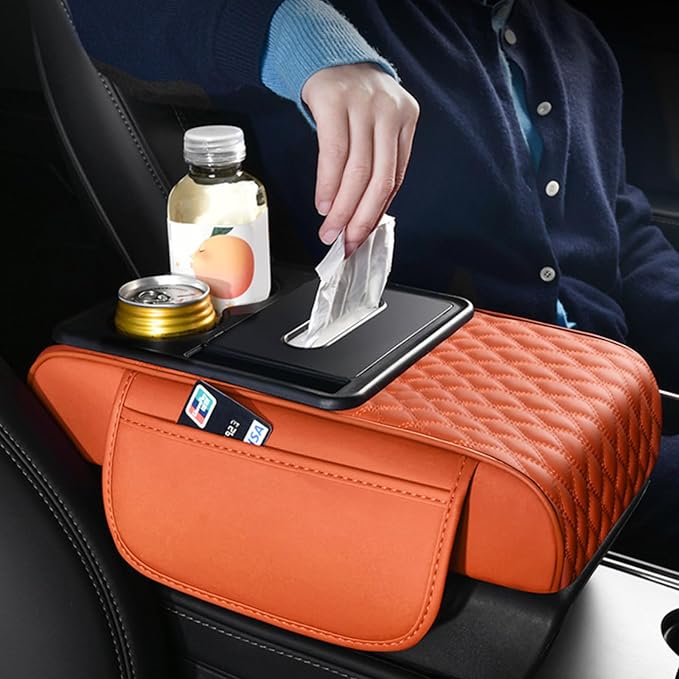 Car Center Console Armrest Pad, Arm Rest Box Cushion with Ergonomic Height Boost, Storage Pockets, Built-in Tissue Box, Cupholder, Fit for Most Sedan Vehicles (Embroidery Water Ripple, Deep Orange)