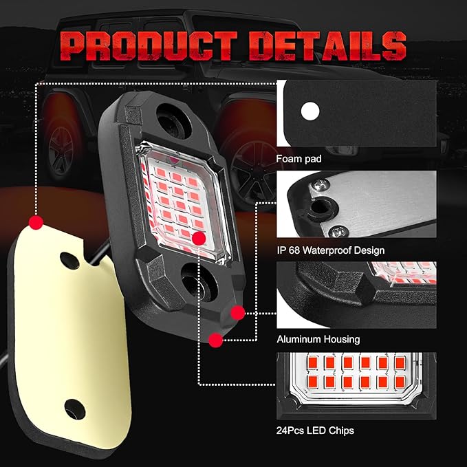 6Pods Red Rock Lights 24 LEDs Chips Neon Trail Rig Lamp Underglow Lights for Cars Trucks SUV ATV UTV (Red)
