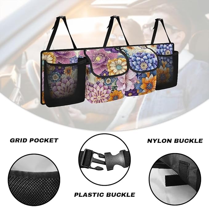 Boho Floral Blossom Car Backseat Trunk Organizer for Women Mandala Trunk Storage Bag for Grocery Cargo Car Organization