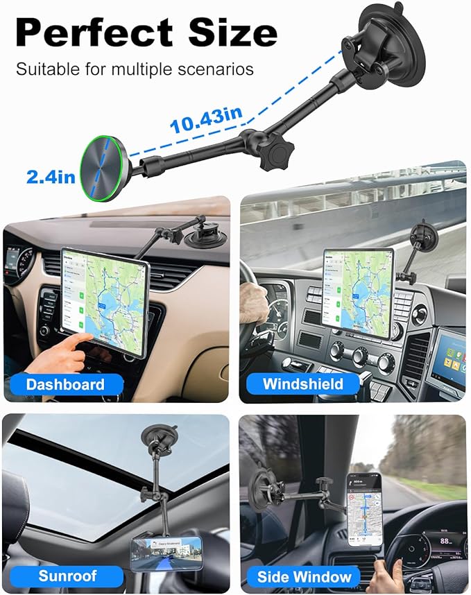 for MagSafe Car Mount [Off-Road Level Shockproof] Metal Arm Magnetic Phone Holders for Your Car Truck, Dashboard Windshield Sunroof Suction Cup Phone Mount for iPhone 16 Pro Max 15 14 13 Plus