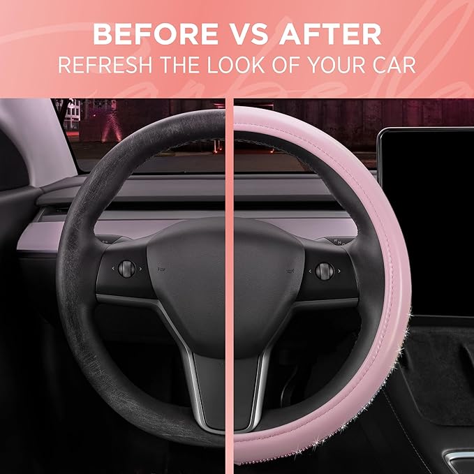 Carbella Pink Diamond Bling Steering Wheel Cover,Standard 15 Inch Size Fits Most Vehicles, Cute Faux Leather Car Steering Cover with Rhinestone Crystal, Car Accessories for Women