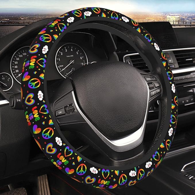 LGBTQ Pride Rainbow Heart Steering Wheel Cover for Women Elastic Rubber Steering Wheel Universal 15 Inch Fit for Cars, Auto, SUVs