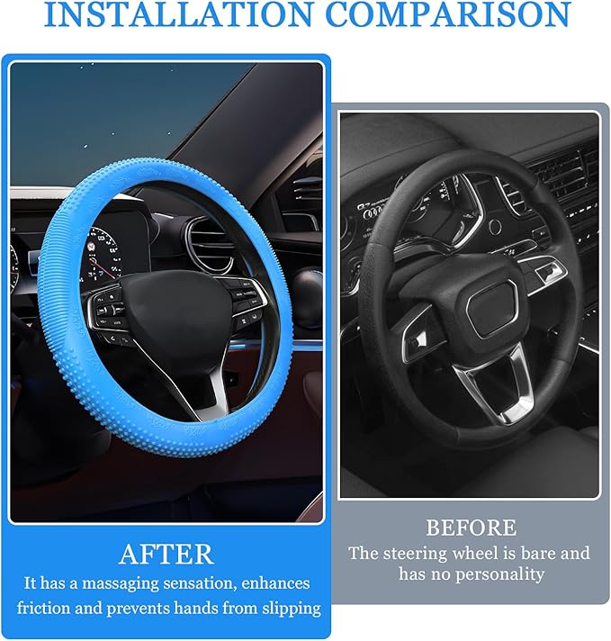 Wuyaoyao Car Steering Wheel Cover, Anti-Slip Silicone Steering Wheel Cover Protector, Non-Slip Massage Grip Auto Wheel Cover Fits 14-15 Inch, Universal Interior Car Accessories (Sky Blue)