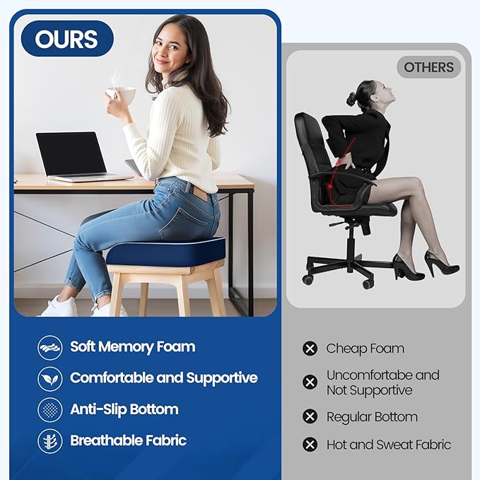 Seat Cushion for Tailbone Pain Relief, Office Chair Cushion, Memory Foam Large Chair Cushion with Non-Slip Cover for Soft Support at Office Chair, Car Seat, Airplane Drak Blue/2X-Large