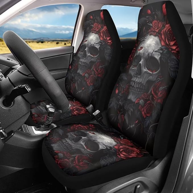 ELEQIN Gothic Raven Skull Car Seat Covers Two Front Only for Car, Automotive Interior Covers, Quick Setup Universal Fit Seat Covers for Car, Truck, SUV