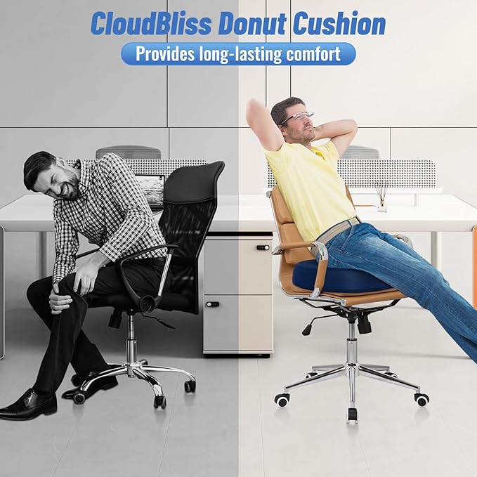 CloudBliss Donut Pillow Seat Cushion for Tailbone Pain Relief and Hemorrhoids, Memory Foam Chair Cushion for Postpartum Pregnancy, Seat Cushions for Men and Women for Home & Office, (Blue)