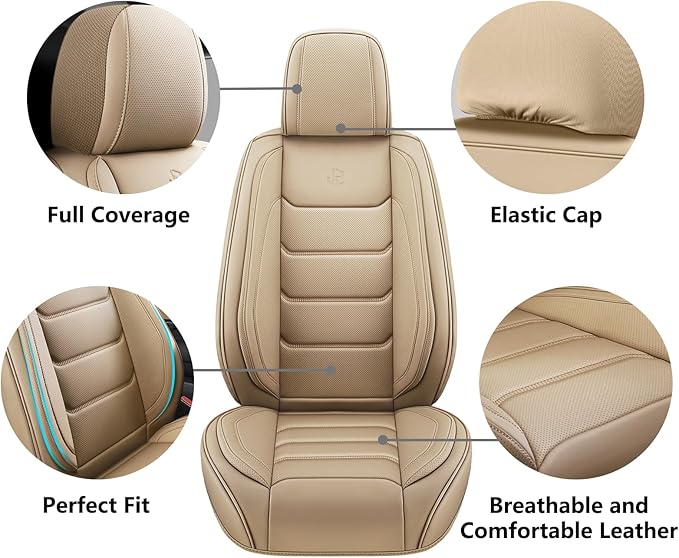 Full Coverage Faux Leather Car Seat Covers,Automotive Seat Covers for Cars,SUVs Pick-up Truck, Car Seat Cushion, Beige Seat Covers,Front Seat Cover,Car Seat Protector