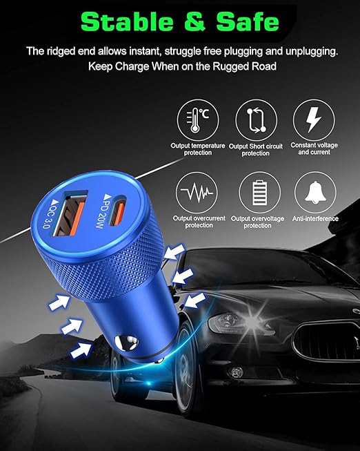 iPhone Car Charger, 2-Port Fast USB C Car Charger Dual USB C & USB A Car Charger Adapter Cigarette Lighter with 2Pack Lightning Cable for iPhone 14 Pro Max/14 Pro/14 Plus/13 Pro Max/12 Mini/11/X, iPad