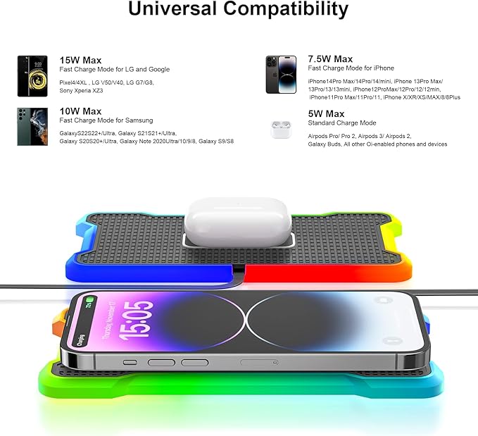 Wireless Charger Car Fast Charging pad, POLMXS Wireless Phone Charger Cell Phone RGB Light up Cordless Charging mat Compatible with iPhone 11/12/12/14/15 Galaxy S21/S22/S23/24 Airpod (C15 PAD)