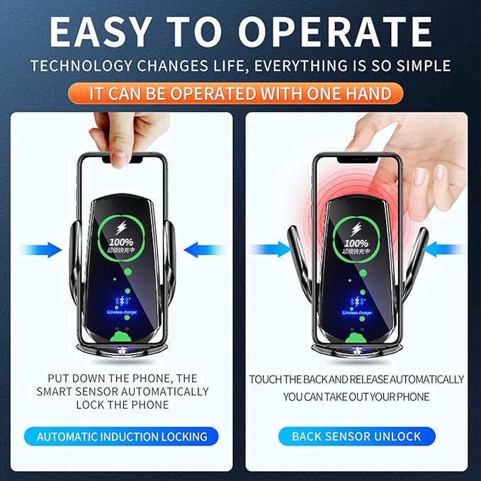 Wireless Car Charger Mount Automotive Electric Induction 15W Wireless Charger Car Auto Clamping Car Phone Holder Mount Wireless Charging Mount Vent Phone Holde Compatible with Android (Blue)