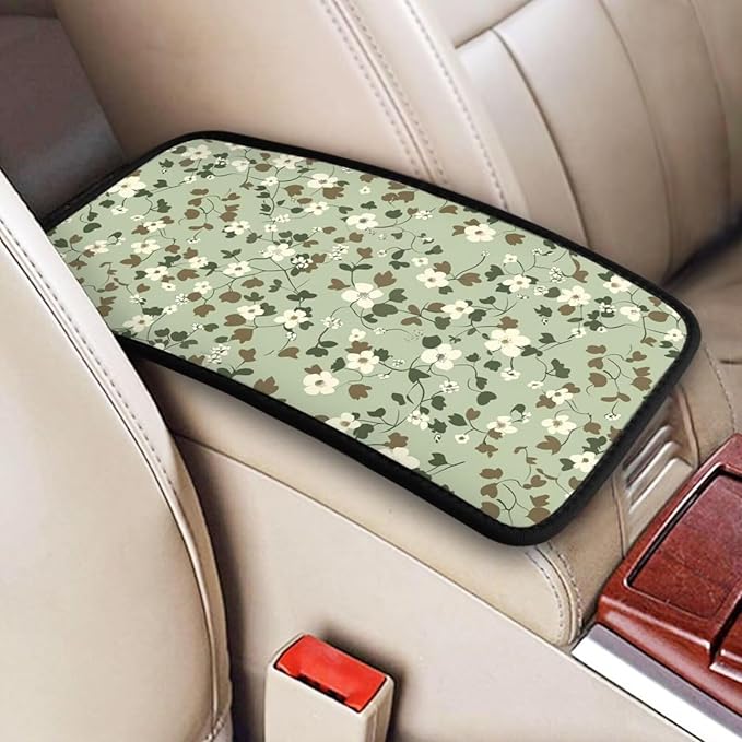 Green Leaf Armrest Cover Cute Sage Green Car Center Console Cover Auto Interior Accessories Center Console Covers Cushion Pad for Cars