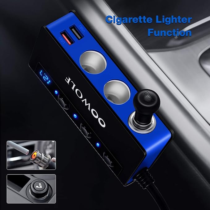 OOWOLF 7 in 1 180W Quick Charge 3.0 Cigarette Lighter Adapter, with Cigarette Lighter Function, for 12V-24V Car, 3-Socket Splitter, 4 USB Ports Car Power Adapter for GPS, Dash Cam, Phone, Tablet etc