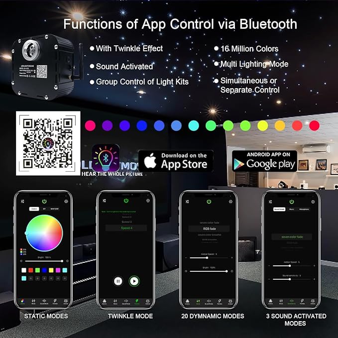 AKEPO 50W RGBW Twinkle Fiber Optic Light Engine Driver, Bluetooth APP Control+Music Activated+28-Key Remote Control for Home Fiber Optic Star Ceiling