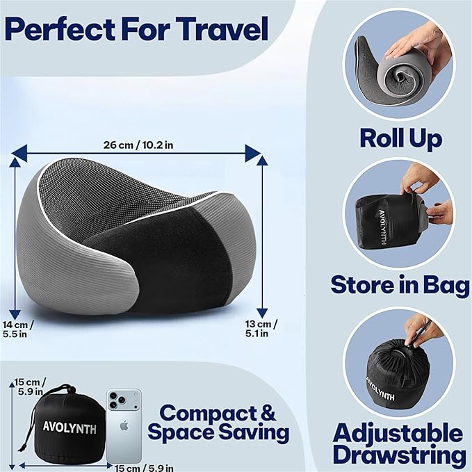Memory Foam Travel Neck Pillow for Airplane & Neck Pain Relief – 360° Ergonomic Support – Free Eye Mask & Ear Plugs – Soft Breathable Cover – Ideal for Plane, Car, Office & Home